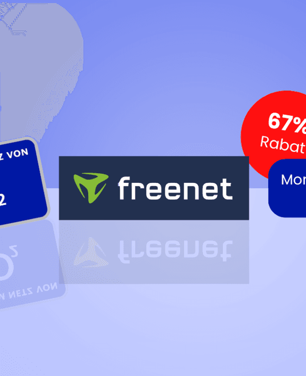 Das Logo von Freenet und von O2 sowie ein Preis- und ein Rabattbutton auf blauem Hintergrund.