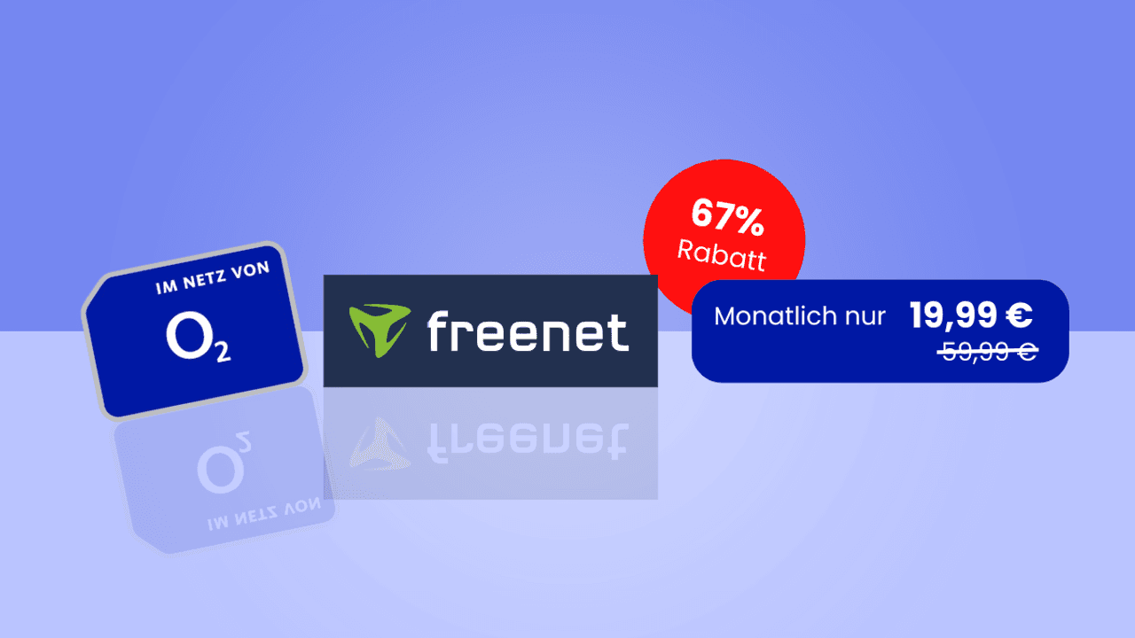Das Logo von Freenet und von O2 sowie ein Preis- und ein Rabattbutton auf blauem Hintergrund.