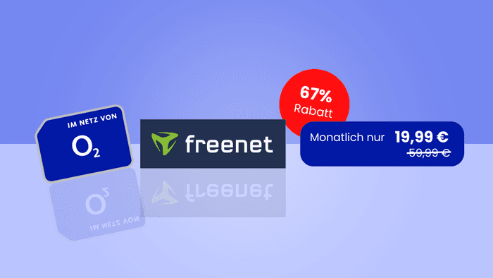Das Logo von Freenet und von O2 sowie ein Preis- und ein Rabattbutton auf blauem Hintergrund.