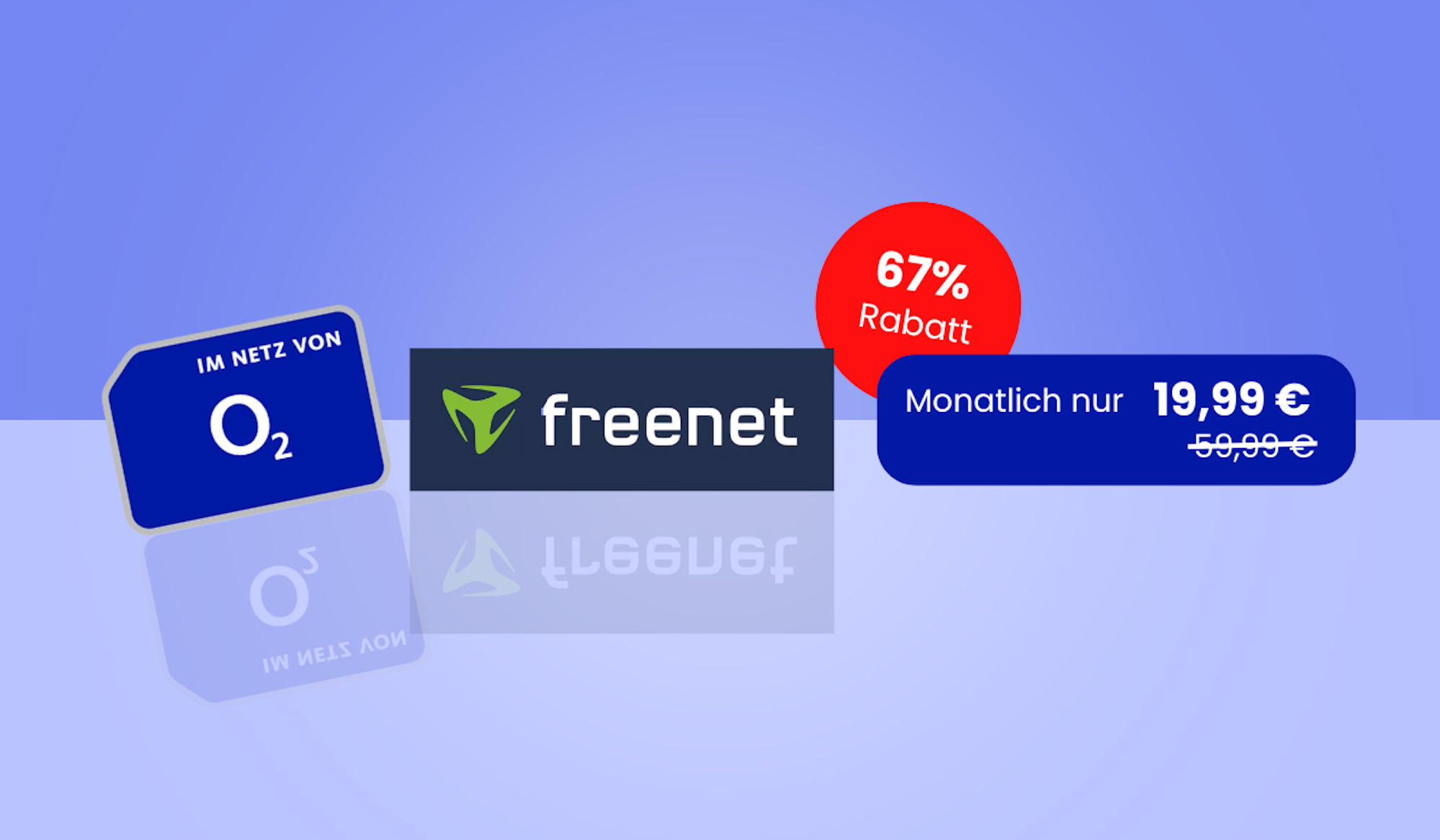 Das Logo von Freenet und von O2 sowie ein Preis- und ein Rabattbutton auf blauem Hintergrund.