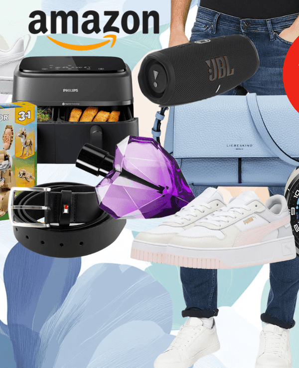 Anordnung verschiedener Produkte wie Puma und Nike Sneaker, Philips Airfryer, JBL Box, Liebeskind Handtasche, Makita Akkuschrauber, Tommy Hilfiger Gürtel, Samsung Smartwatch und mehr vor einem Hintergrund mit Blumen.