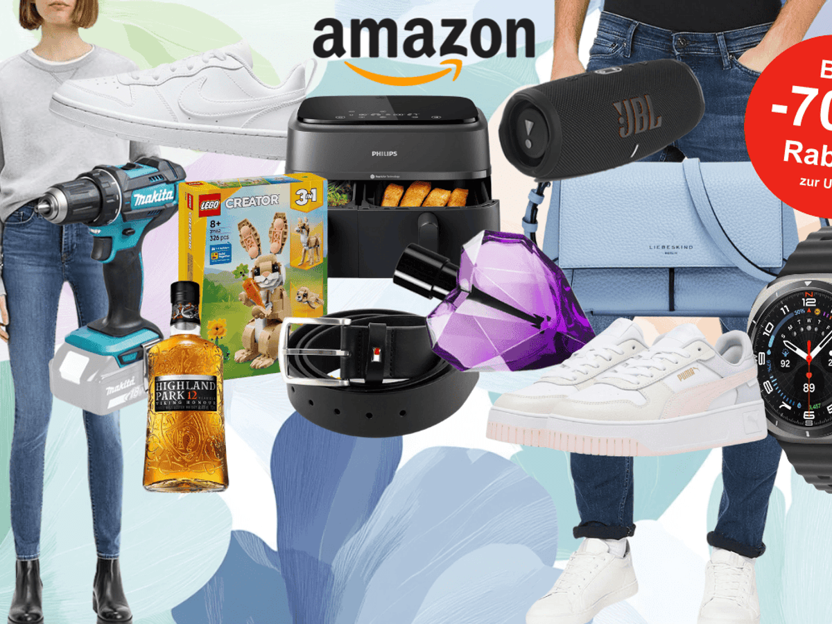 Anordnung verschiedener Produkte wie Puma und Nike Sneaker, Philips Airfryer, JBL Box, Liebeskind Handtasche, Makita Akkuschrauber, Tommy Hilfiger Gürtel, Samsung Smartwatch und mehr vor einem Hintergrund mit Blumen.