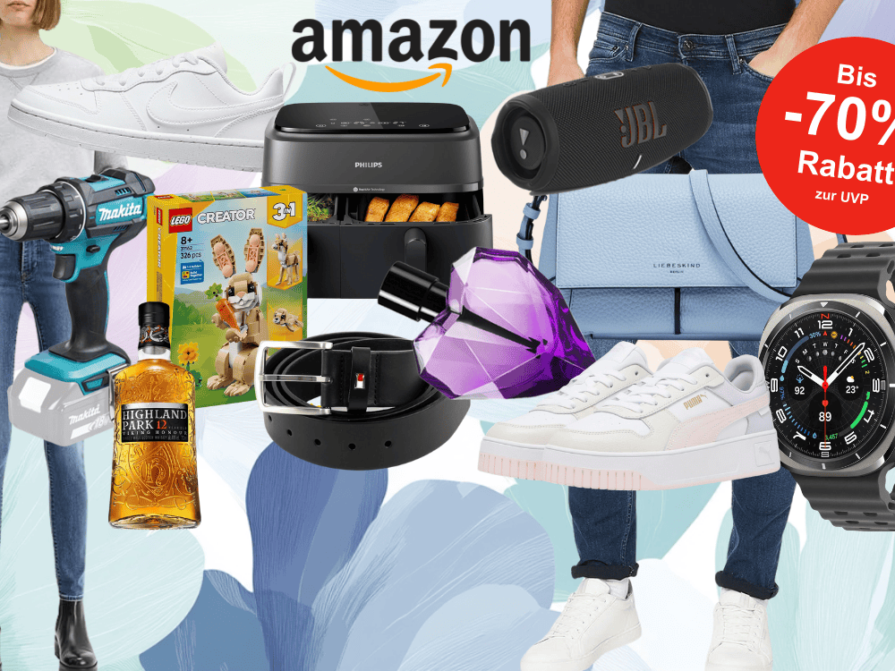 Anordnung verschiedener Produkte wie Puma und Nike Sneaker, Philips Airfryer, JBL Box, Liebeskind Handtasche, Makita Akkuschrauber, Tommy Hilfiger Gürtel, Samsung Smartwatch und mehr vor einem Hintergrund mit Blumen.