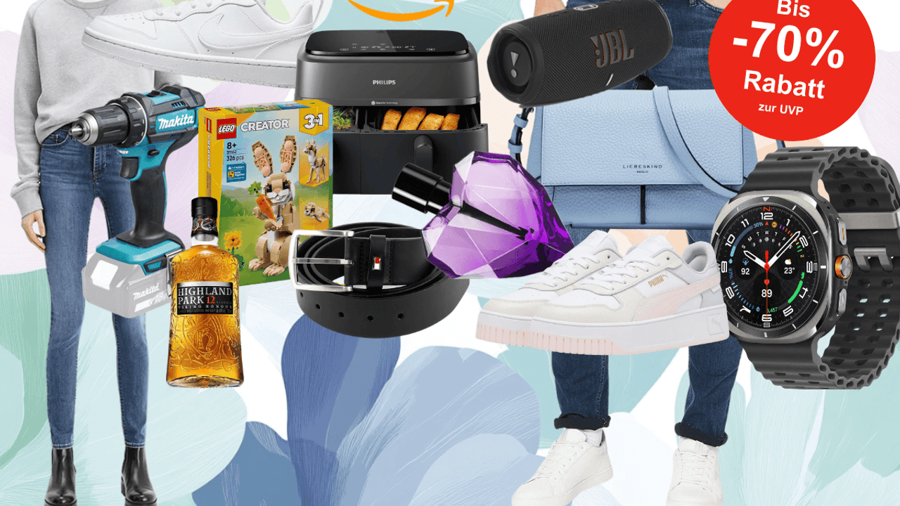 Anordnung verschiedener Produkte wie Puma und Nike Sneaker, Philips Airfryer, JBL Box, Liebeskind Handtasche, Makita Akkuschrauber, Tommy Hilfiger Gürtel, Samsung Smartwatch und mehr vor einem Hintergrund mit Blumen.