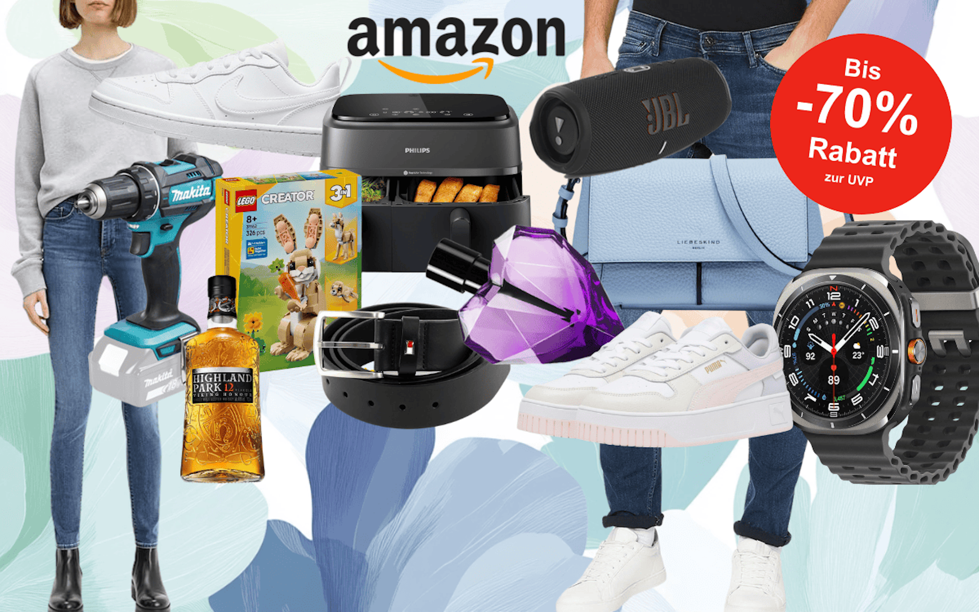 Anordnung verschiedener Produkte wie Puma und Nike Sneaker, Philips Airfryer, JBL Box, Liebeskind Handtasche, Makita Akkuschrauber, Tommy Hilfiger Gürtel, Samsung Smartwatch und mehr vor einem Hintergrund mit Blumen.
