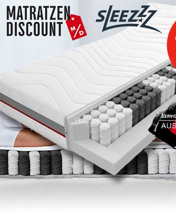 Sleezzz Taschenfederkernmatratze im Querschnitt. Auf der Matratze liegt eine Frau mit dem Rücken zur Kamera. Dazu das EXPRESS Hammer und Matratzen Discount Logo.