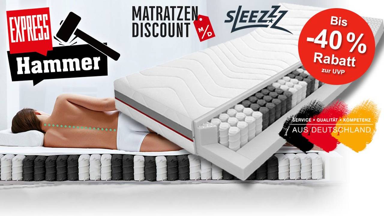 Sleezzz Taschenfederkernmatratze im Querschnitt. Auf der Matratze liegt eine Frau mit dem Rücken zur Kamera. Dazu das EXPRESS Hammer und Matratzen Discount Logo.