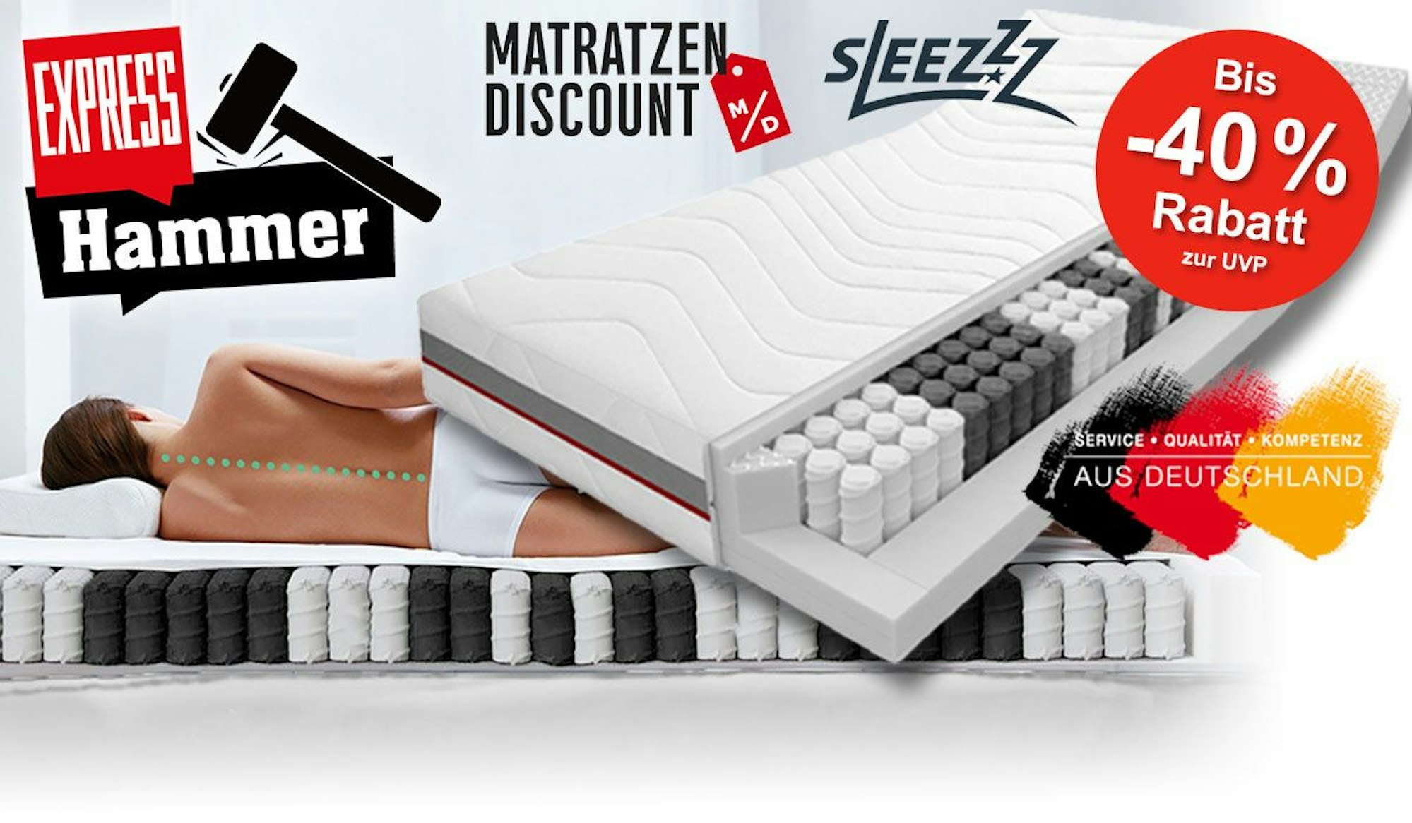 Sleezzz Taschenfederkernmatratze im Querschnitt. Auf der Matratze liegt eine Frau mit dem Rücken zur Kamera. Dazu das EXPRESS Hammer und Matratzen Discount Logo.
