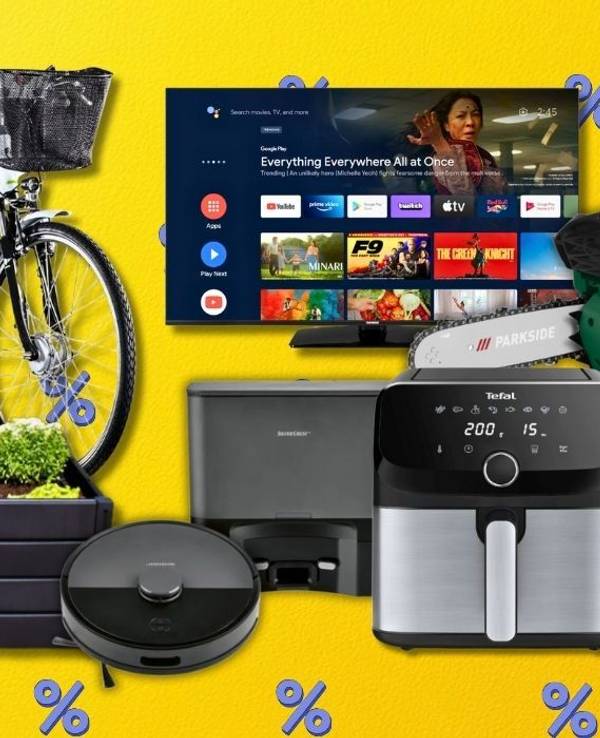 Eine Werbegrafik für den Lidl Topseller Sale, mit einem knallgelben Hintergrund und verschiedenen reduzierten Produkten, darunter ein Fahrrad, ein Hochbeet, eine Heißluftfritteuse, ein Smart-TV und Elektrowerkzeuge.