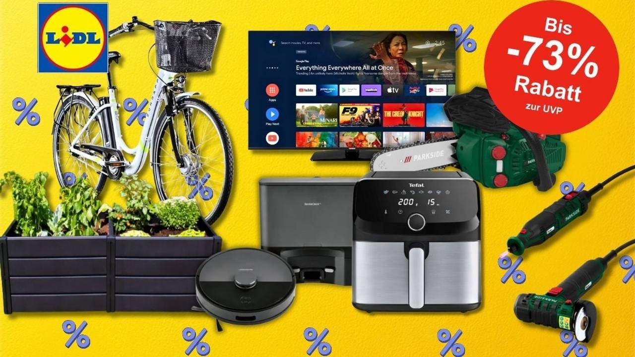 Eine Werbegrafik für den Lidl Topseller Sale, mit einem knallgelben Hintergrund und verschiedenen reduzierten Produkten, darunter ein Fahrrad, ein Hochbeet, eine Heißluftfritteuse, ein Smart-TV und Elektrowerkzeuge.
