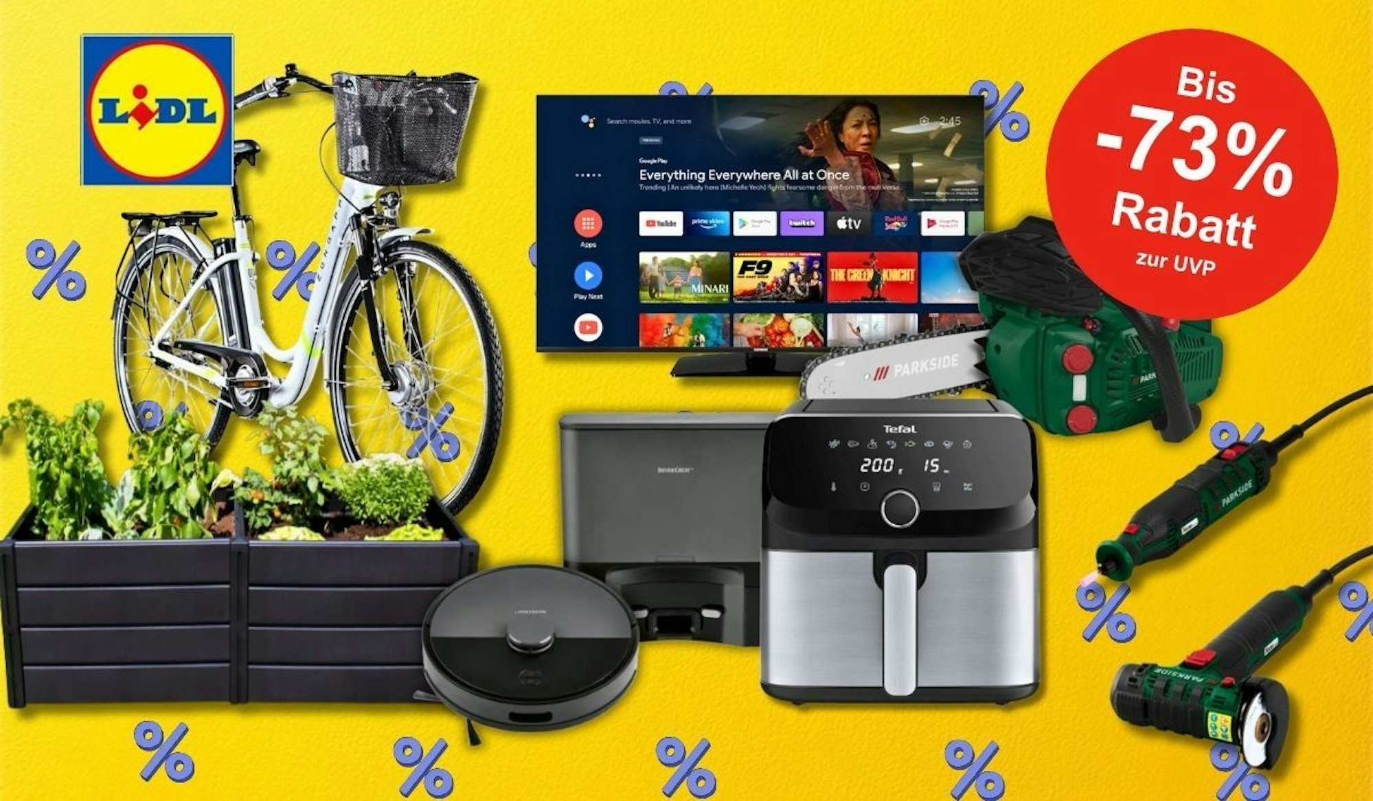 Eine Werbegrafik für den Lidl Topseller Sale, mit einem knallgelben Hintergrund und verschiedenen reduzierten Produkten, darunter ein Fahrrad, ein Hochbeet, eine Heißluftfritteuse, ein Smart-TV und Elektrowerkzeuge.