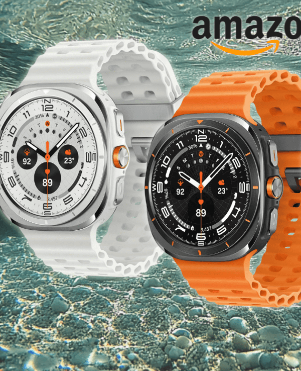 Anordnung der Samsung Galaxy Watch Ultra in drei Farben vor einem Hintergrund mit Wasser.