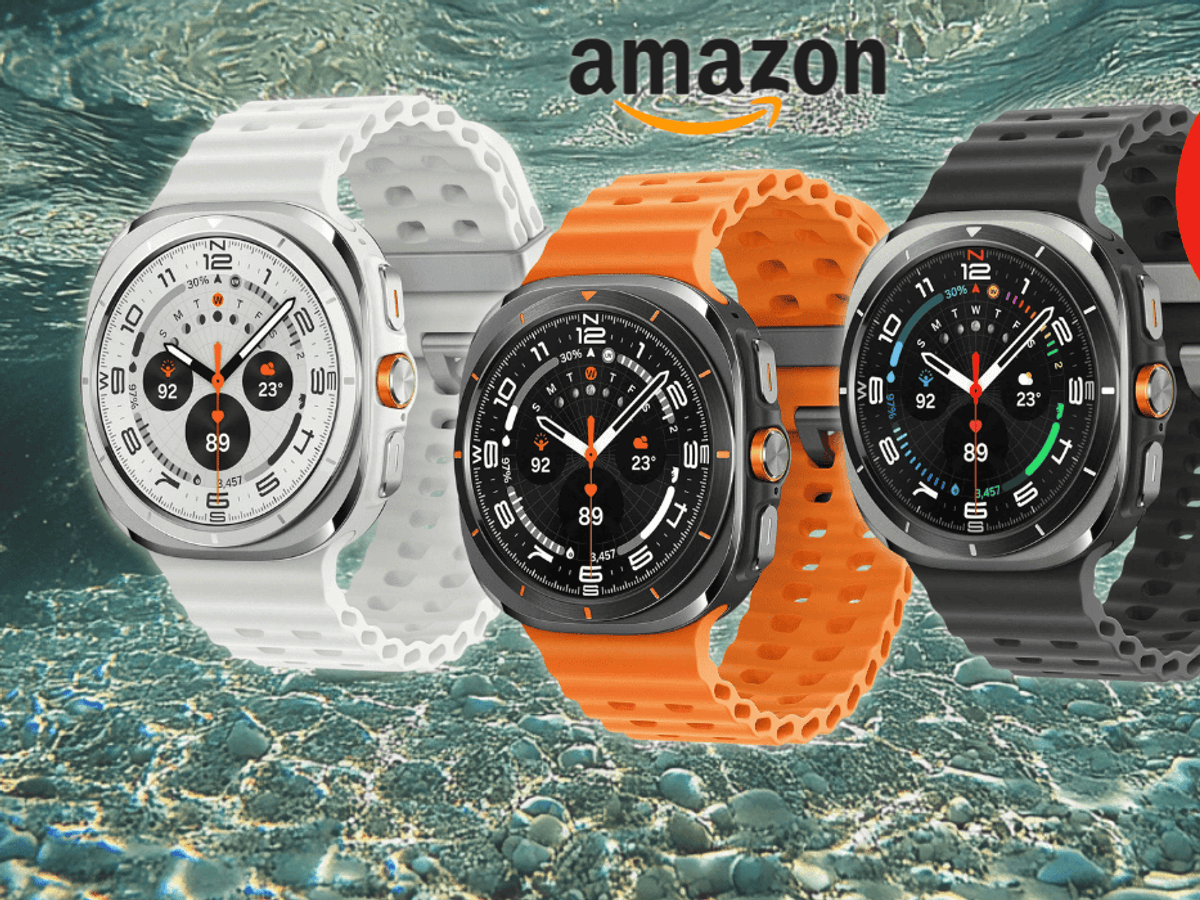 Anordnung der Samsung Galaxy Watch Ultra in drei Farben vor einem Hintergrund mit Wasser.