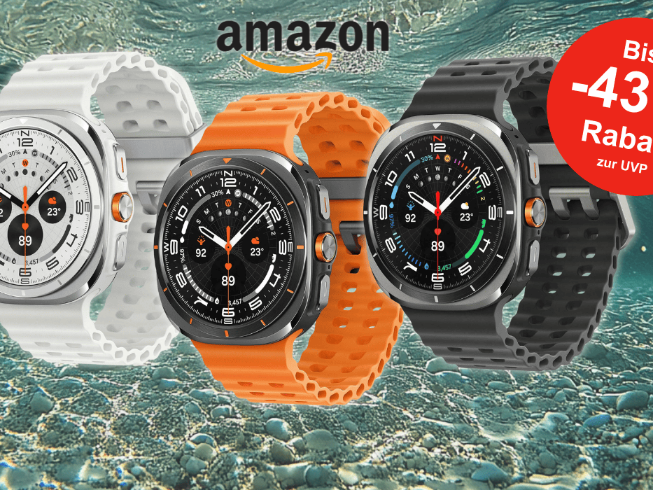 Anordnung der Samsung Galaxy Watch Ultra in drei Farben vor einem Hintergrund mit Wasser.