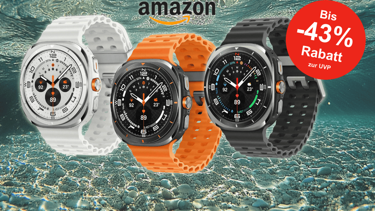 Anordnung der Samsung Galaxy Watch Ultra in drei Farben vor einem Hintergrund mit Wasser.