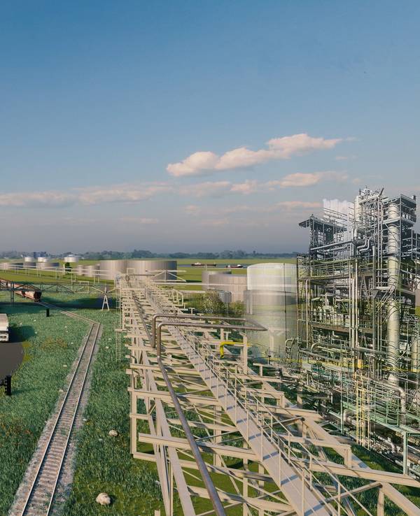 Ein Turm im Zentrum der Werksanlage von Shell