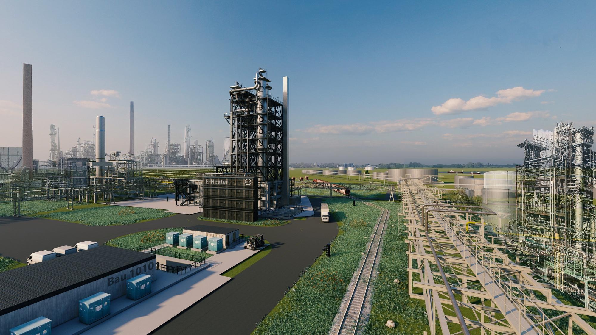 Ein Turm im Zentrum der Werksanlage von Shell