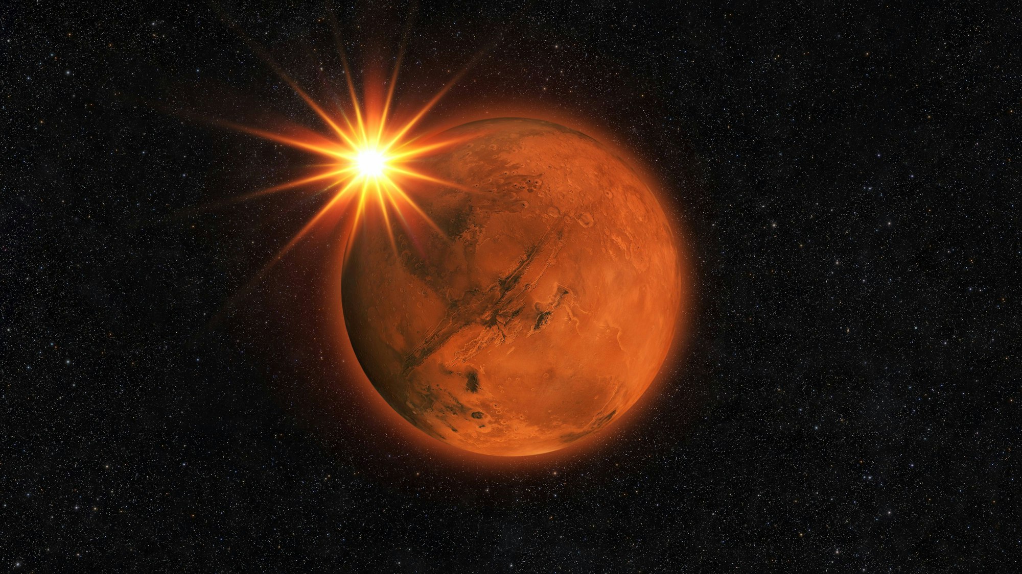 Roter Planet Mars mit Sonnenstrahlen am Sternenhimmel.
