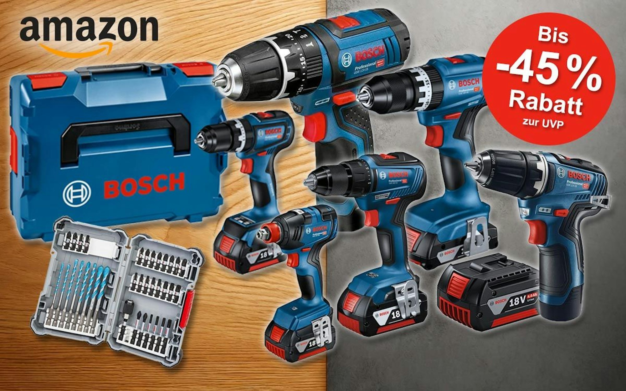 Im Amazon Werkzeug Sale verschiedene Bosch Professional Akku-Bohrschrauber und Schlagbohrschrauber GSB 12V-15, GSR 12V-15, GSR 18V-90 C, GSR 18V-55 und mehr vor einem Hintergrund aus Holz und glattem Beton.