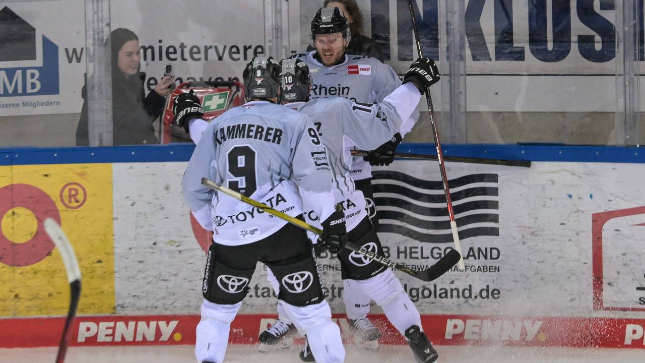 Die Profis der Kölner Haie jubeln über einen Treffer.