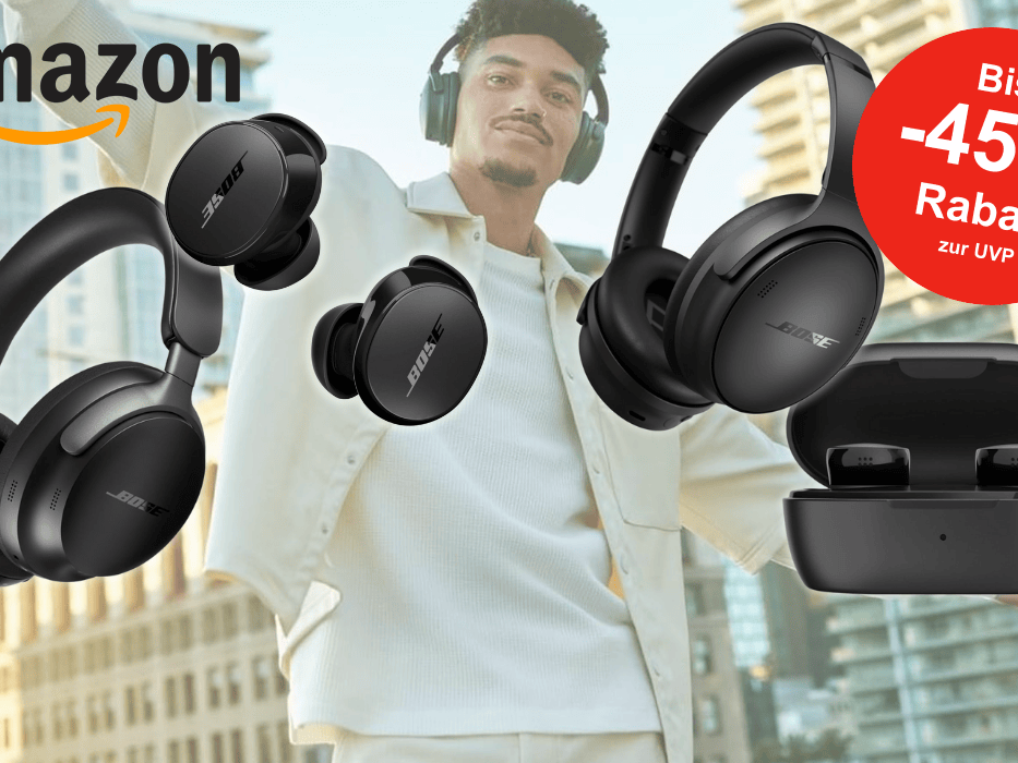 Anordnung verschiedener Bose Kopfhörer. Im Hintergrund ist ein Mann zu sehen, der einen der Kopfhörer trägt.