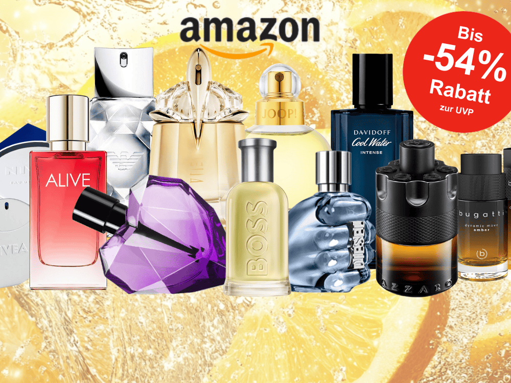 Anordnung verschiedener Damen- und Herrenparfums vor einem Hintergrund mit Orangenscheiben und spritzendem Wasser.