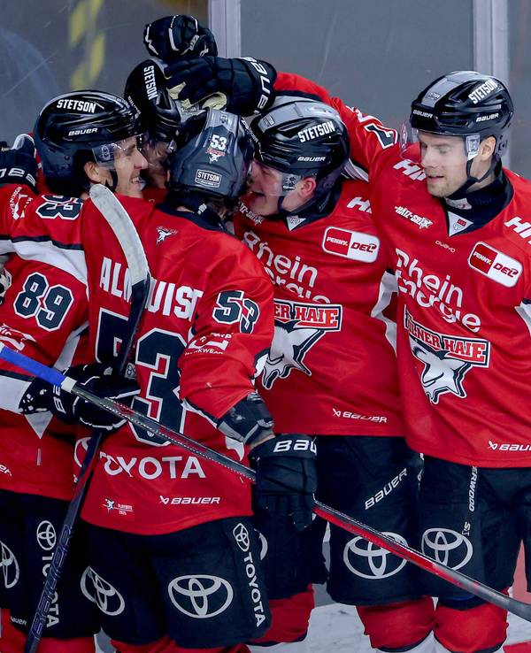 Die Kölner Haie bejubeln gemeinsam einen Treffer.