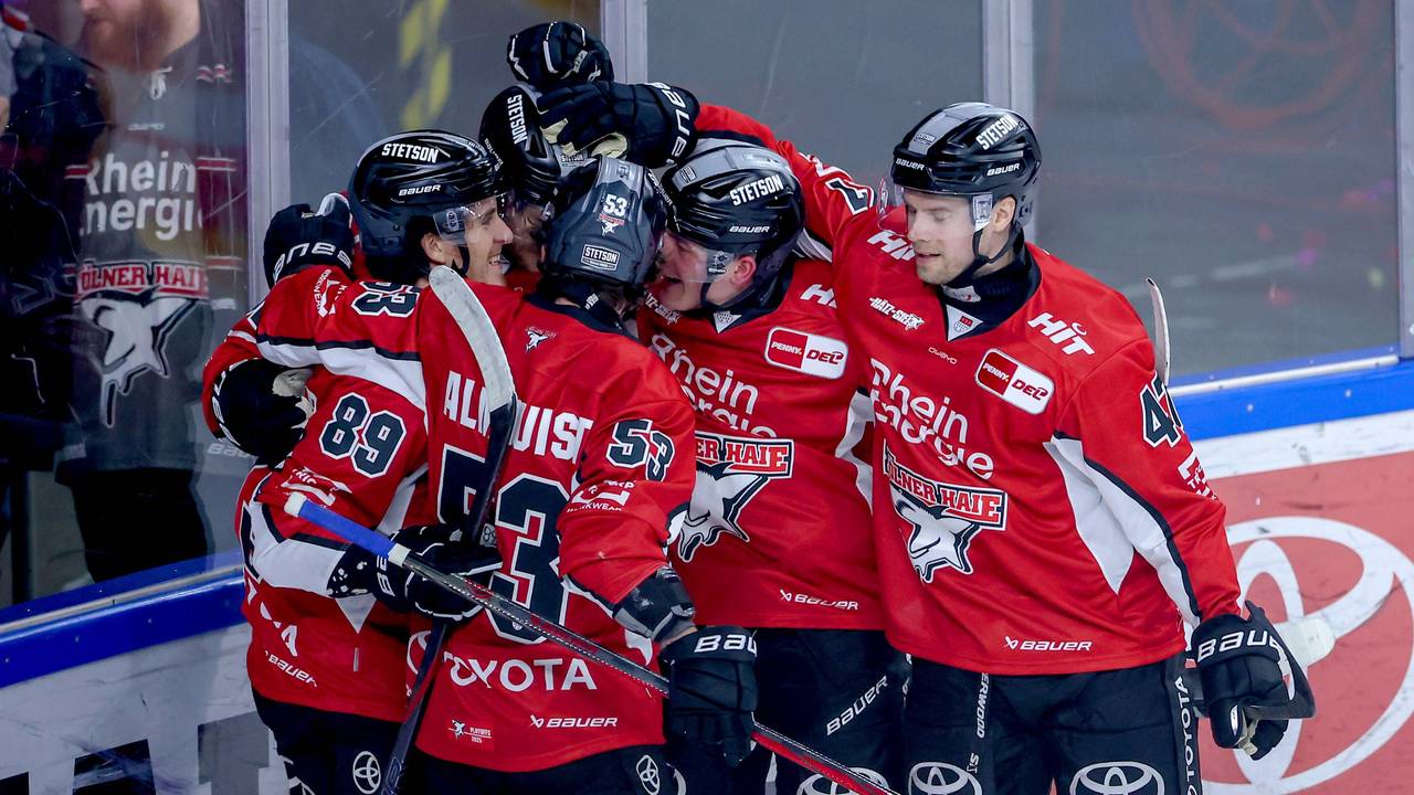 Die Kölner Haie bejubeln gemeinsam einen Treffer.