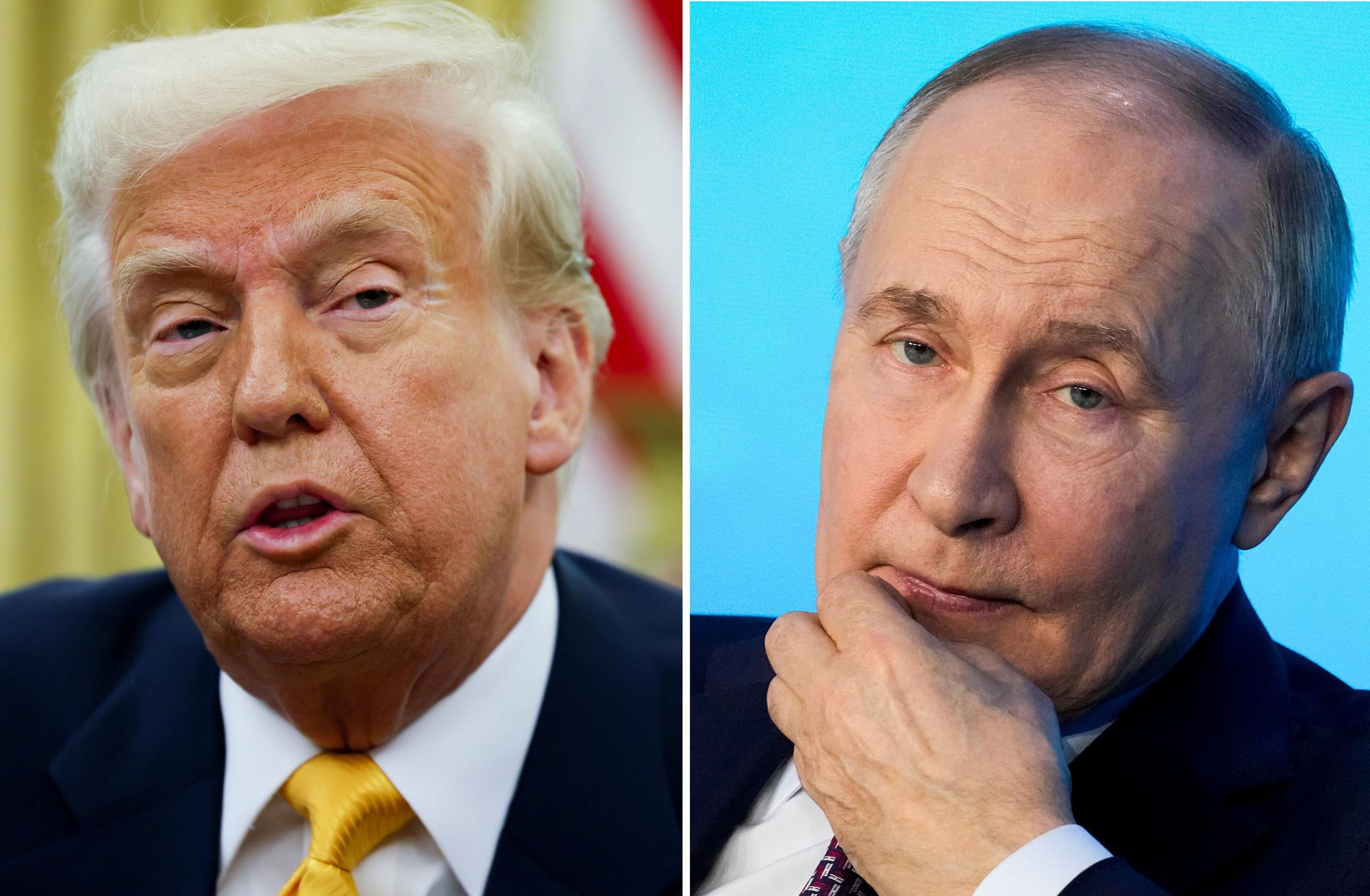 Die Kombo aus Archivbildern zeigt US-Präsident Donald Trump (l) im Oval Office des Weißen Hauses am 07.03.2025 und den russischen Präsidenten Wladimir Putin während eines Technologieforums in Moskau am 21.02.2025.