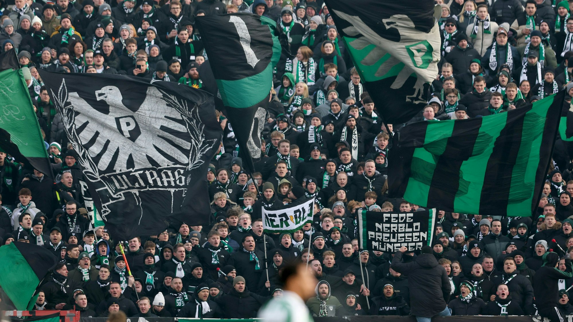 Die Fans von Preußen Münster beim Auswärtsspiel in Fürth im Stadion.