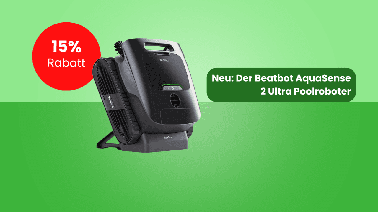 Der Poolreiniger Beatbot AquaSense 2 Ultra vor einer grün gefärbten Hintergrundfläche.