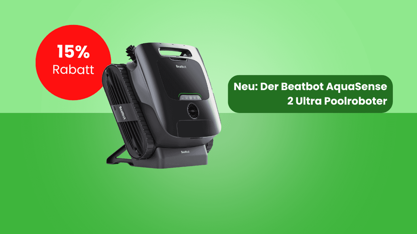 Der Poolreiniger Beatbot AquaSense 2 Ultra vor einer grün gefärbten Hintergrundfläche.