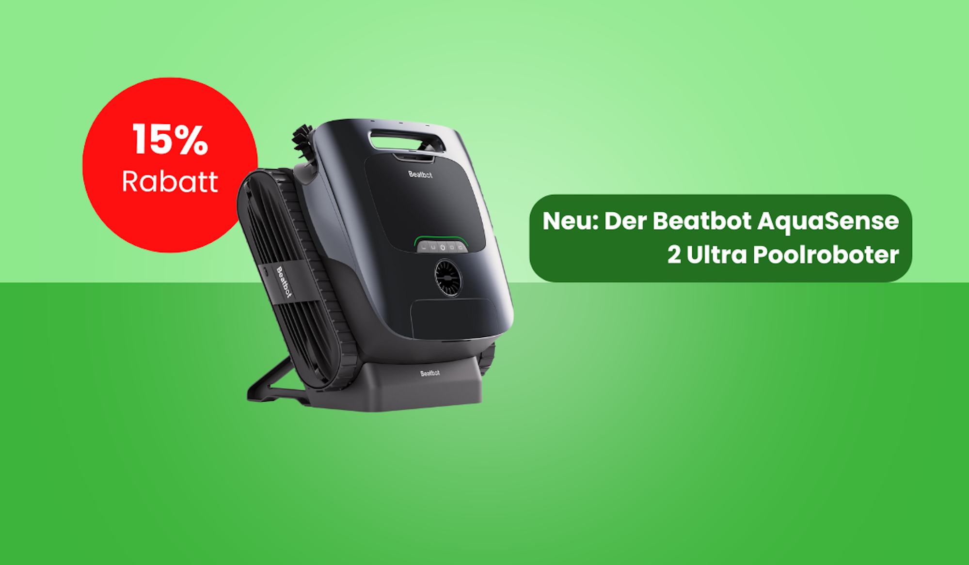 Der Poolreiniger Beatbot AquaSense 2 Ultra vor einer grün gefärbten Hintergrundfläche.