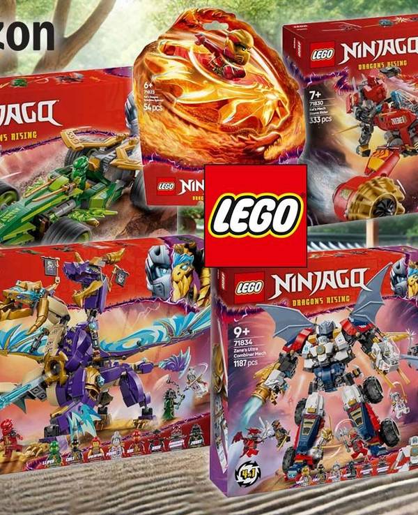 Lego Ninjago Neuheiten von 2025 wie Ninjago Lloyds Actionflitzer, Zanes Ultra Mech, Lloyds grüner Walddrache, Lichtbogendrache oder Kais Drachen-Spinjitzu-Spinner vor dem Bild eines japanischen Zen-Gartens.