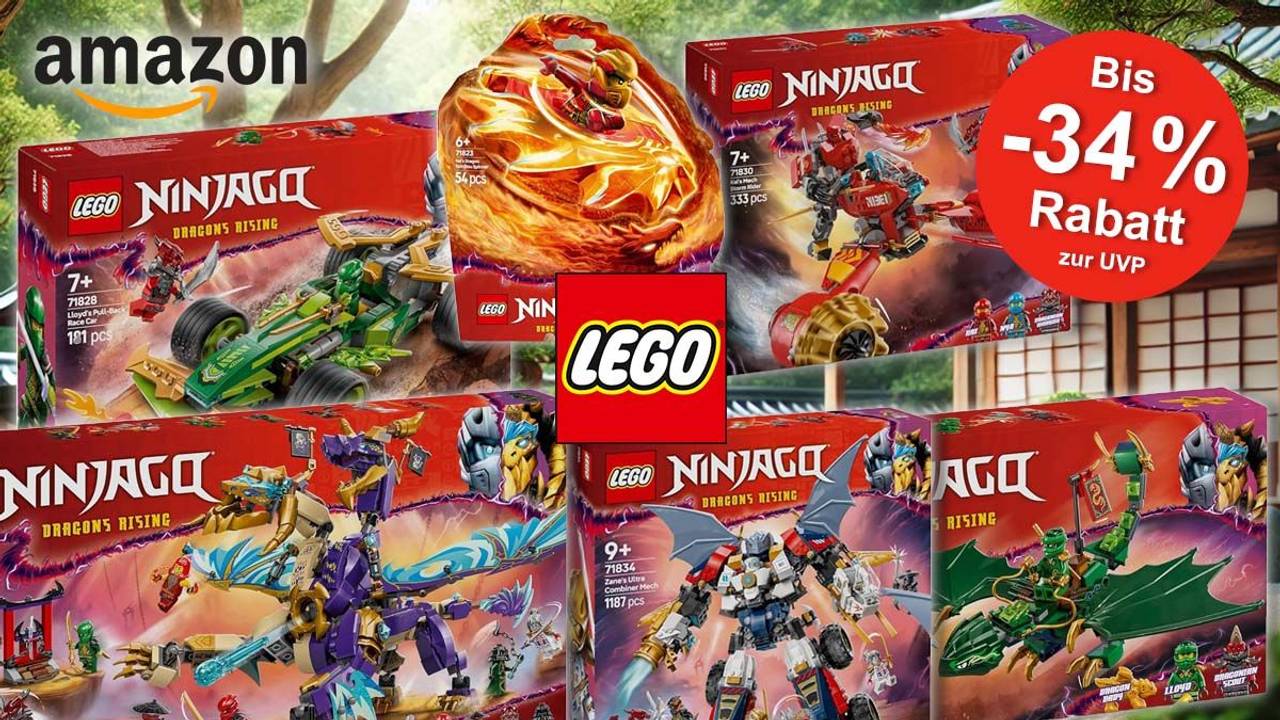 Lego Ninjago Neuheiten von 2025 wie Ninjago Lloyds Actionflitzer, Zanes Ultra Mech, Lloyds grüner Walddrache, Lichtbogendrache oder Kais Drachen-Spinjitzu-Spinner vor dem Bild eines japanischen Zen-Gartens.