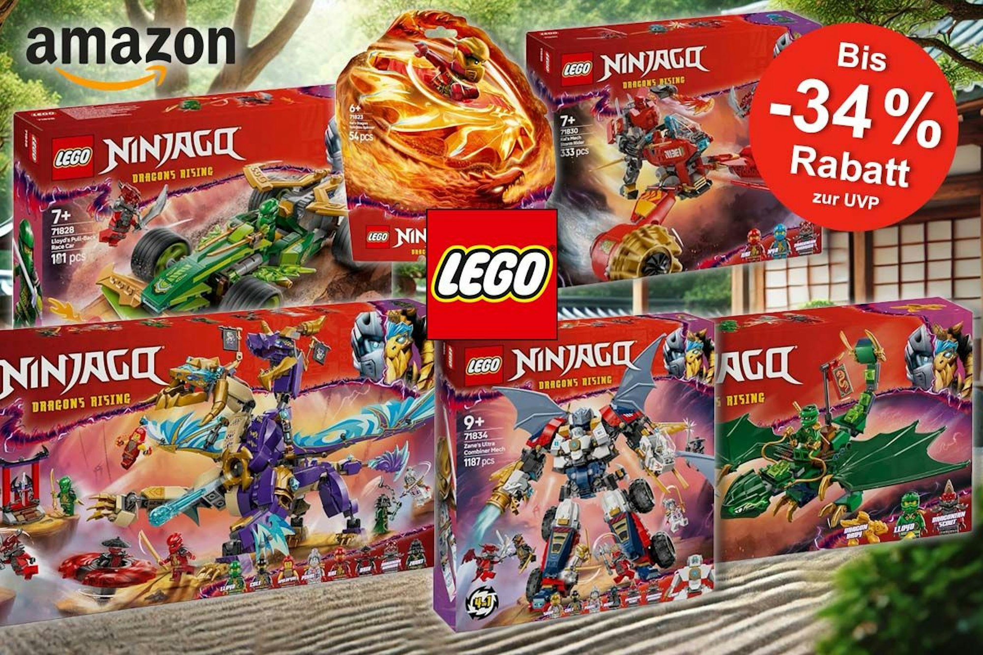 Lego Ninjago Neuheiten von 2025 wie Ninjago Lloyds Actionflitzer, Zanes Ultra Mech, Lloyds grüner Walddrache, Lichtbogendrache oder Kais Drachen-Spinjitzu-Spinner vor dem Bild eines japanischen Zen-Gartens.