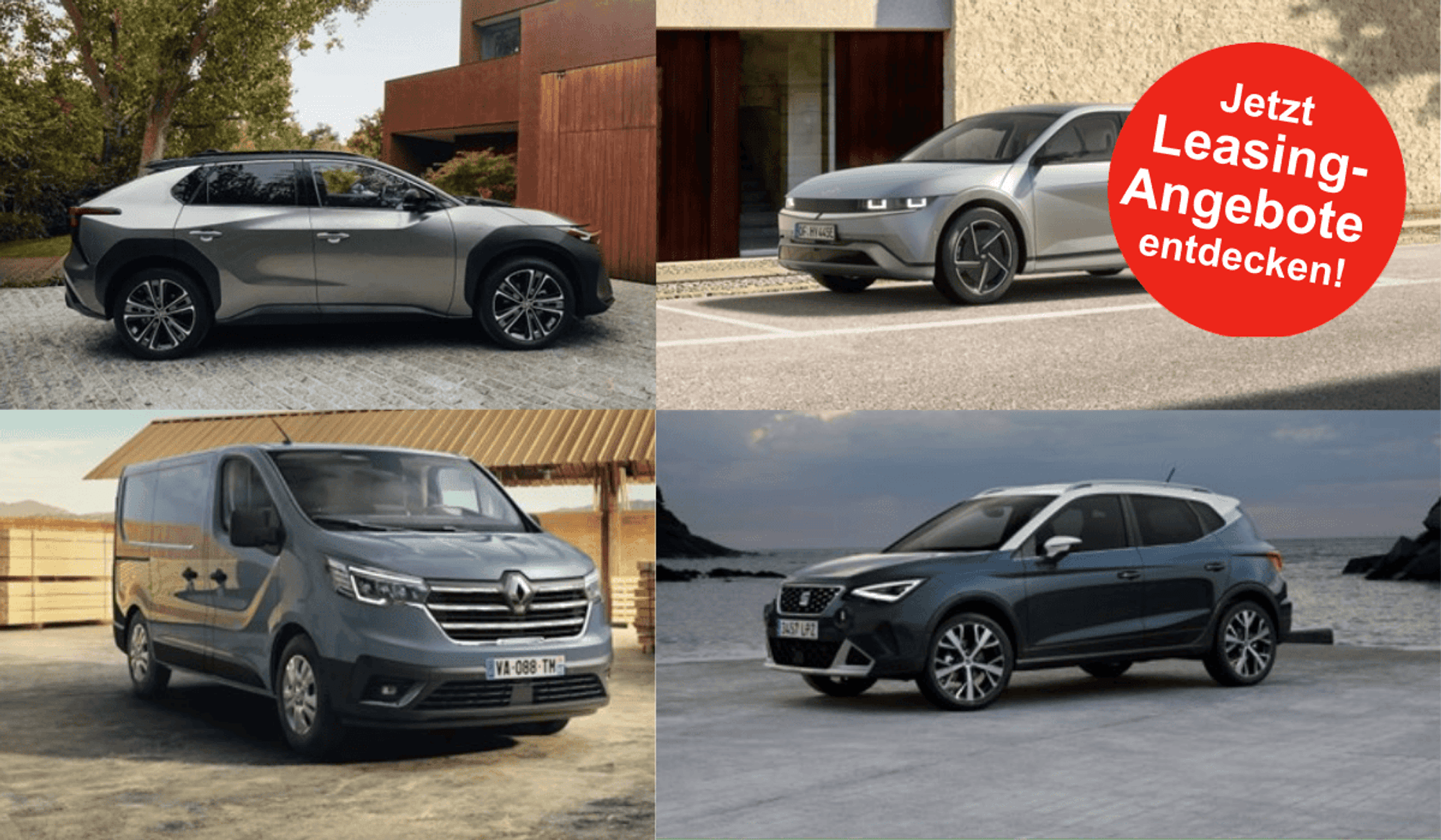 Darstellung von vier verschiedenen Auto-Modellen der Marken Toyota, SEAT, Hyundai und Renault in einer Collage