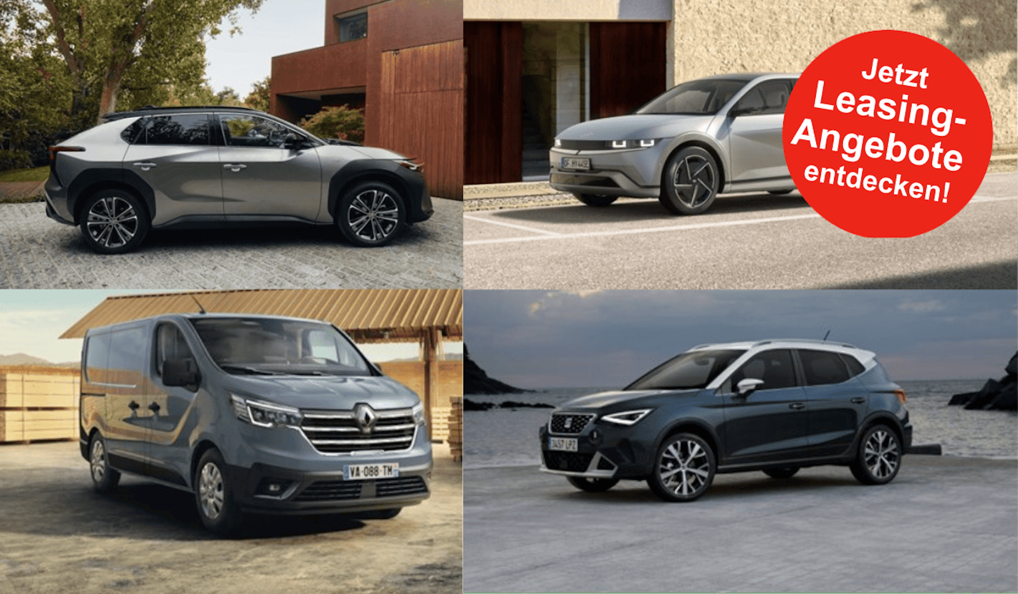 Darstellung von vier verschiedenen Auto-Modellen der Marken Toyota, SEAT, Hyundai und Renault in einer Collage