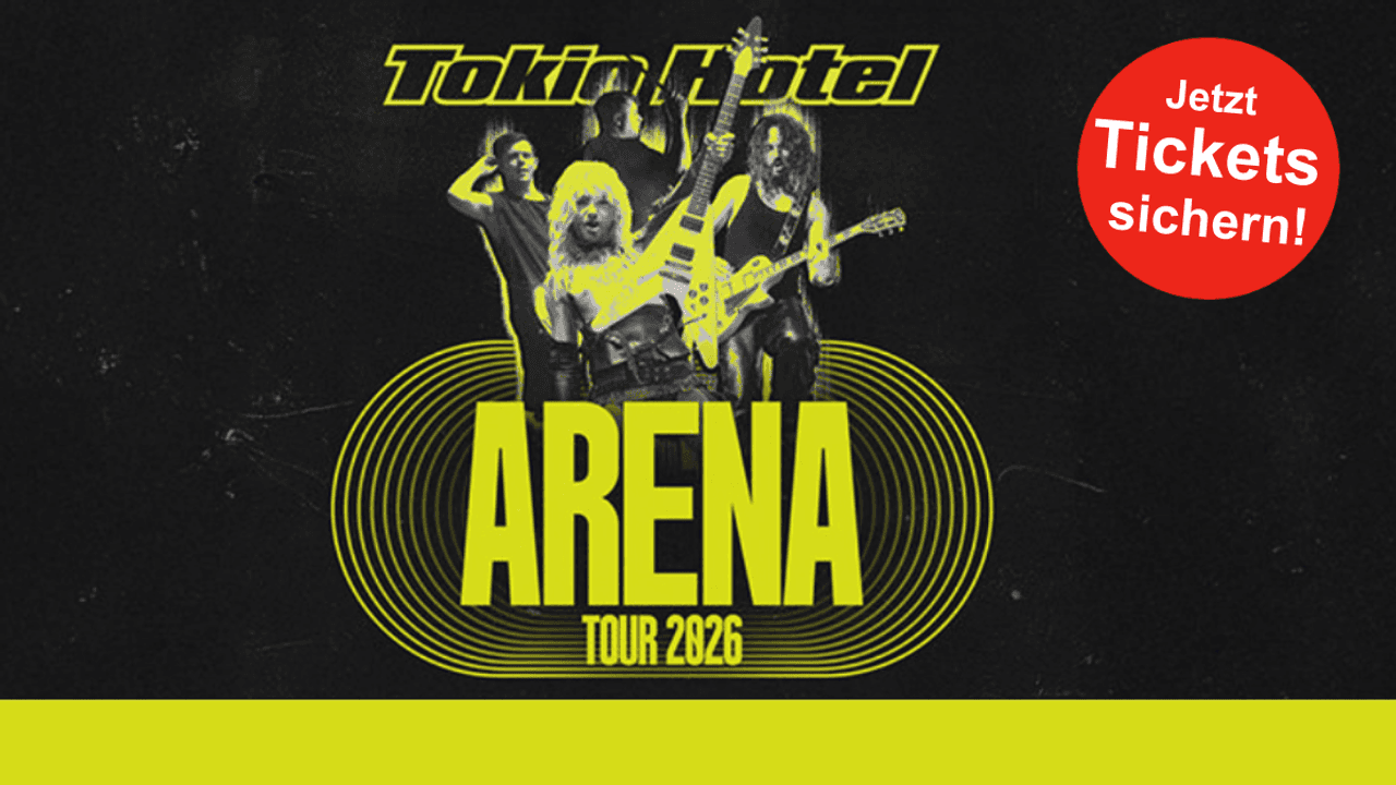 Bild der Tokio Hotel Band mit der Werbung für die Arena Tour 2026.