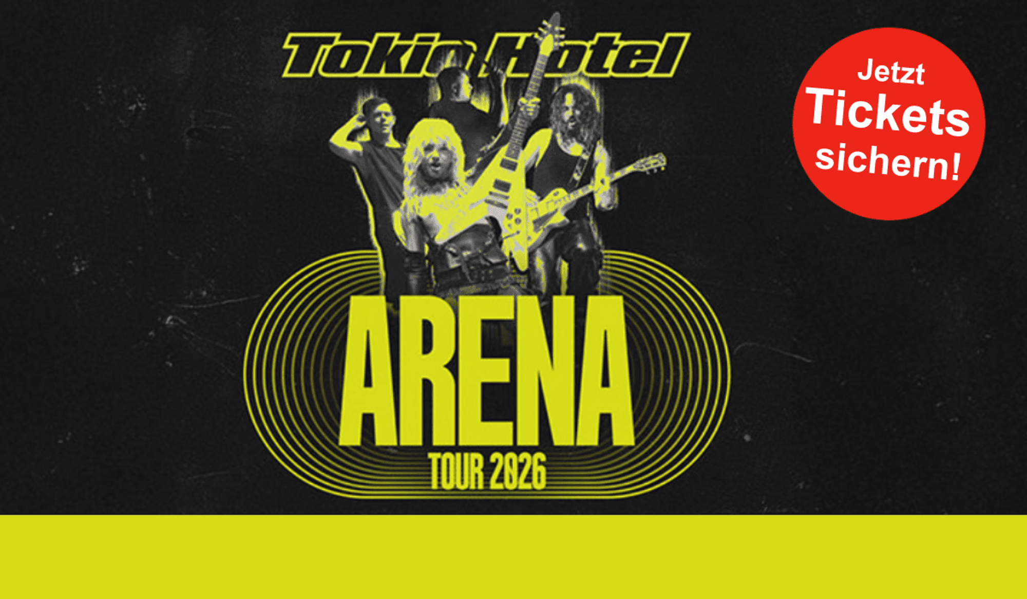 Bild der Tokio Hotel Band mit der Werbung für die Arena Tour 2026.