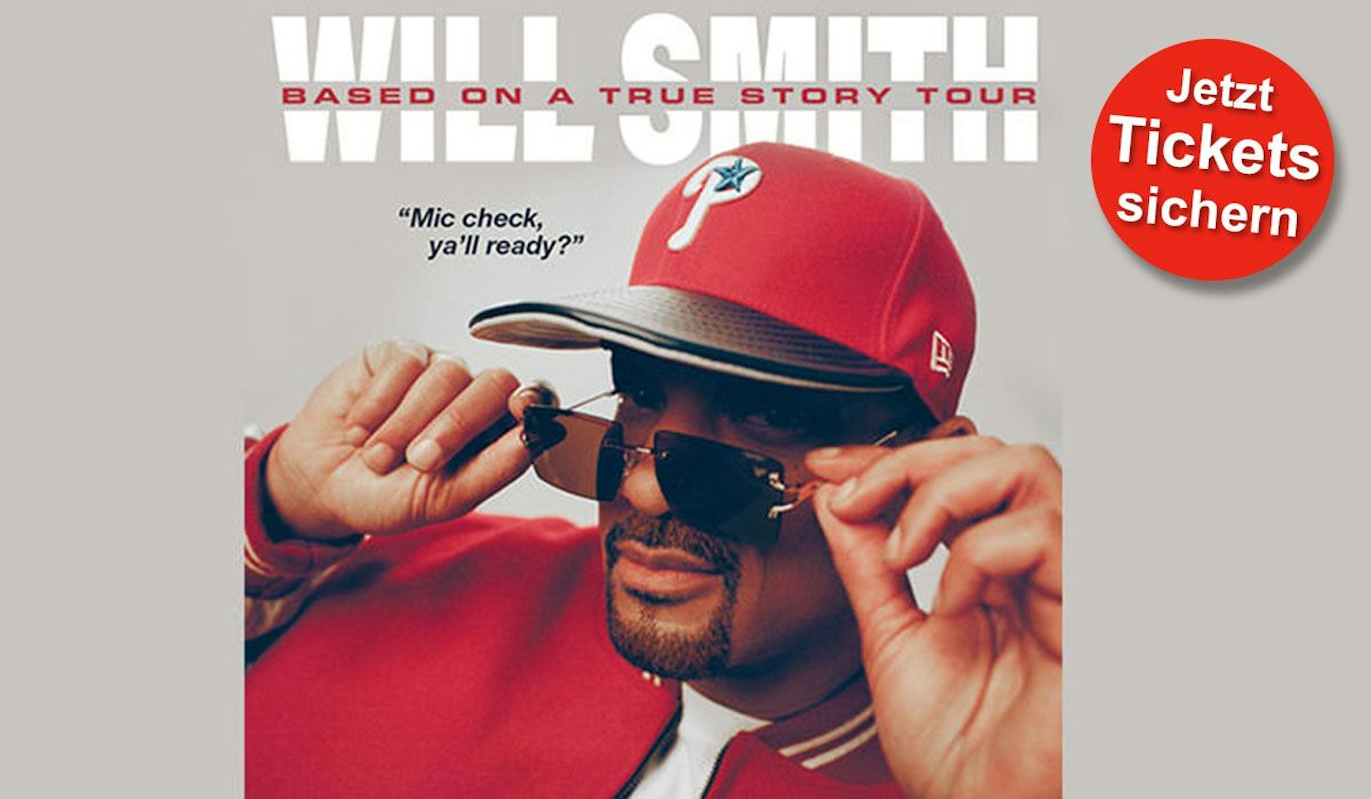 Tickets für die Konzerte der Will Smith "Based on a True Story"-Tour im Sommer 2025 in Hamburg, Hannover oder Frankfurt. Will Smith mit rotem Cap, roter Jacke und Sonnenbrille.