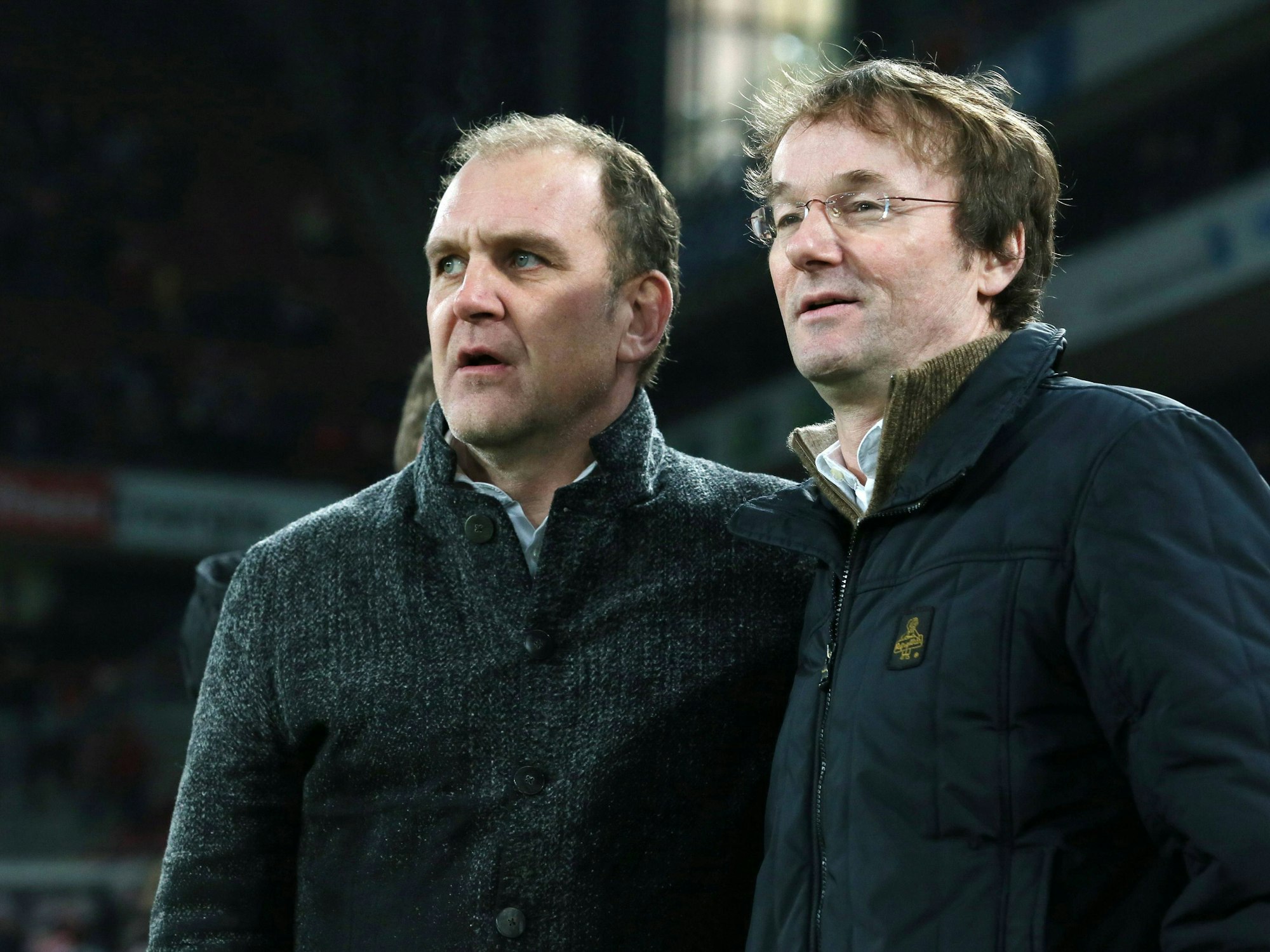 Sportdirektor Jörg Schmadtke (li., 1. FC Köln) und Geschäftsführer Christian Müller (re., Dresden) im Jahr 2013.