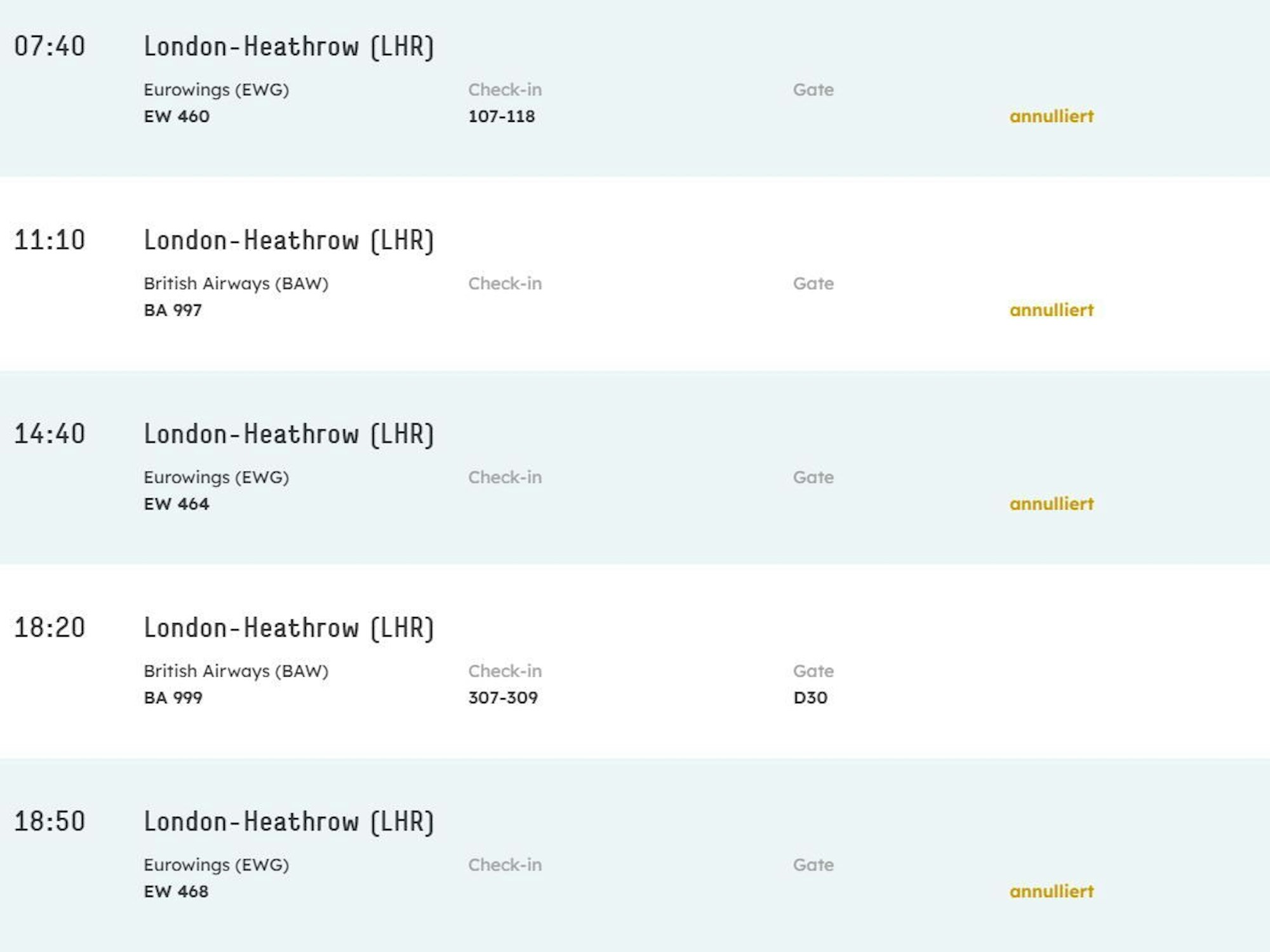 Liste mit gestrichenen Flügen