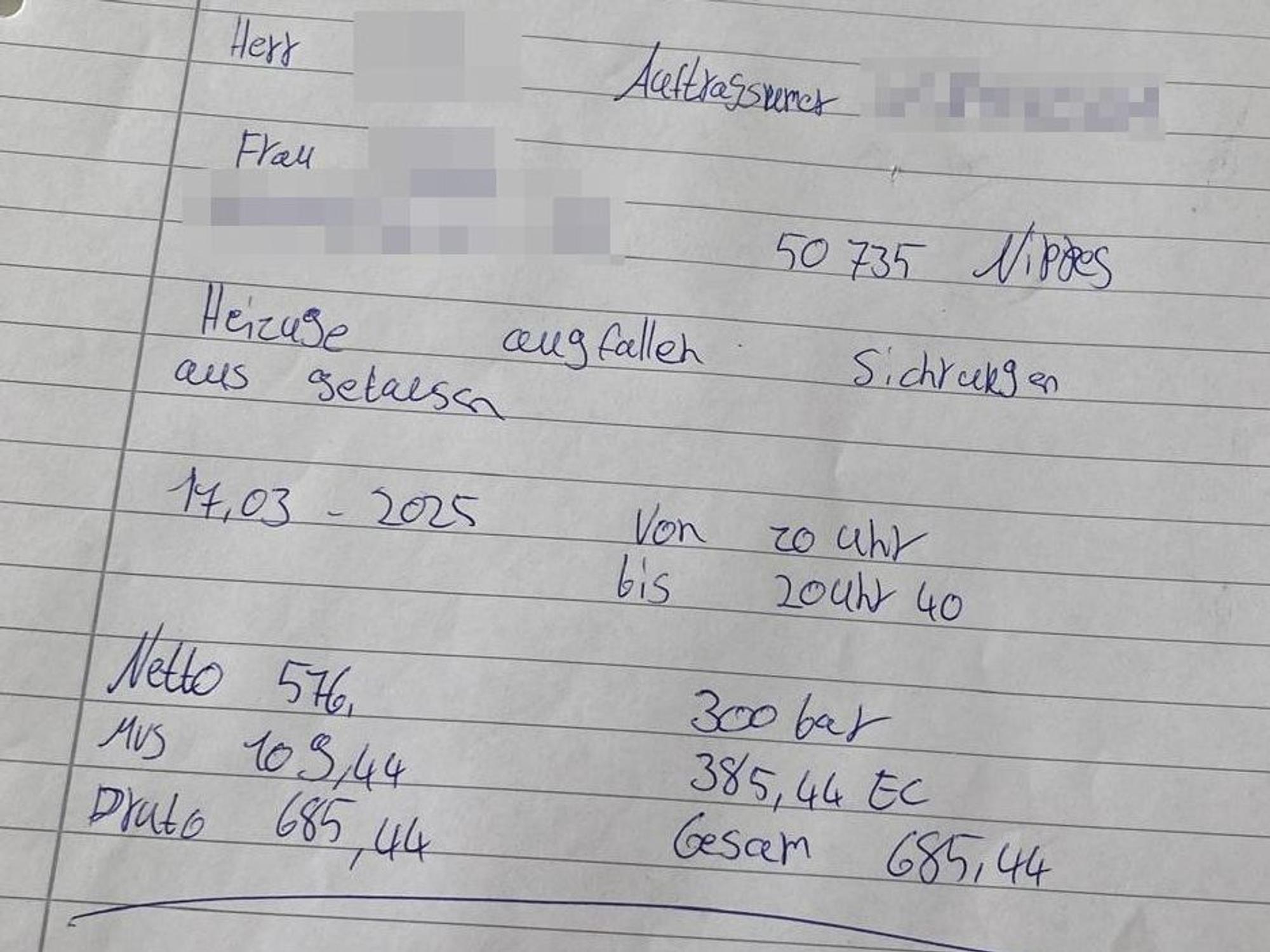 Eine handschriftliche Rechnung