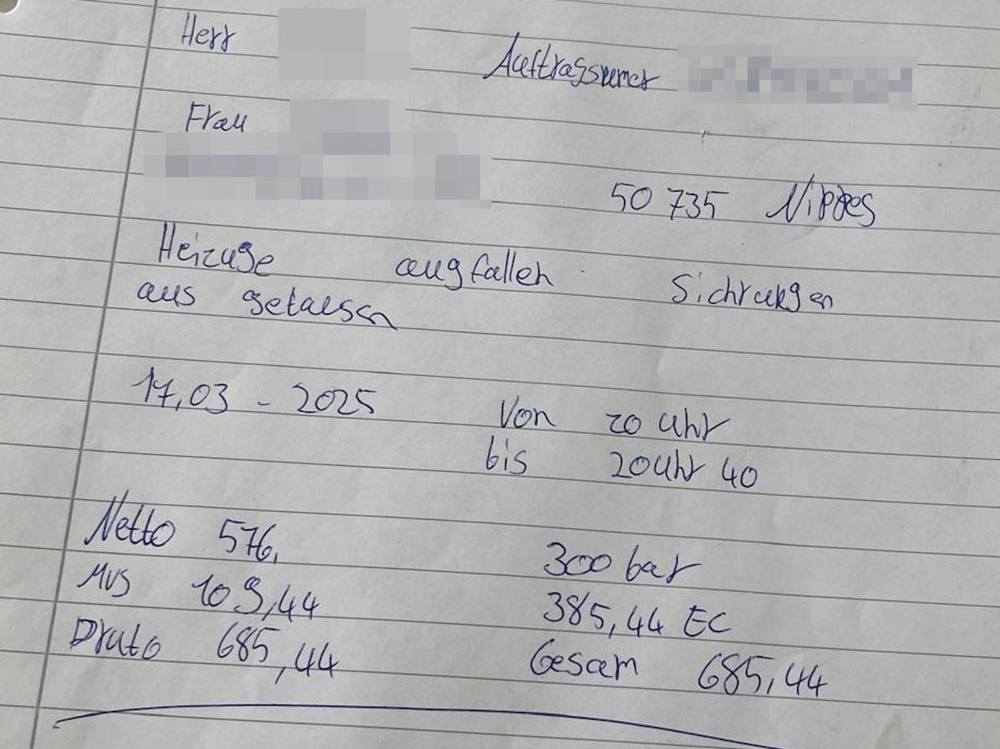 Eine handschriftliche Rechnung