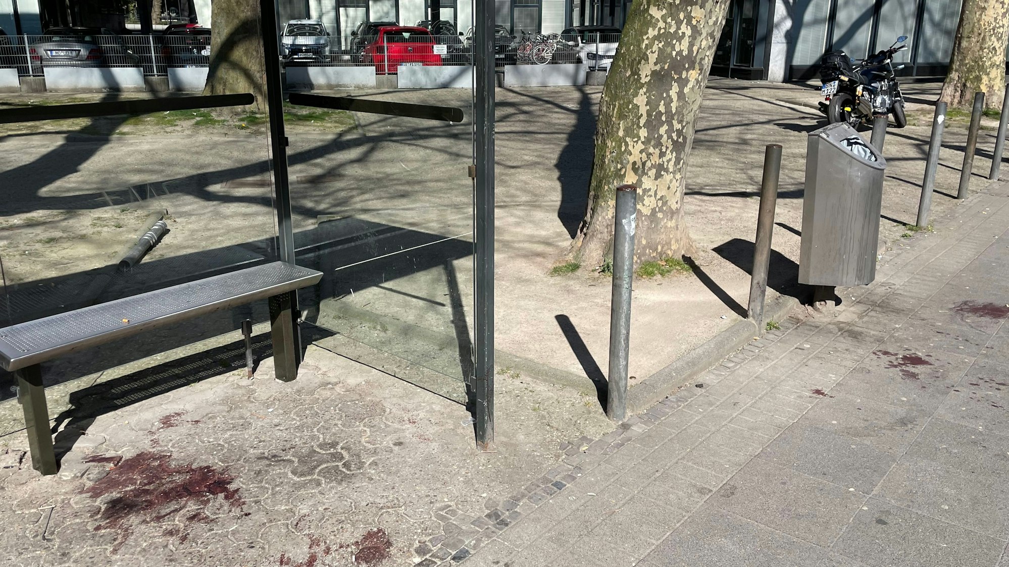 Blutspuren an der Bushaltestelle in der Wendeschleife am Heumarkt. Auch am Mülleimer sind Blutflecken zu erkennen.