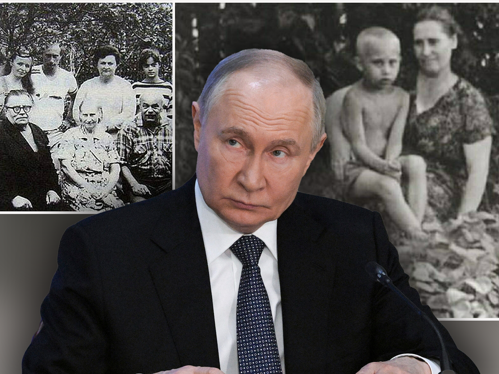 Wladimir Putin auf dem Schoß seiner Mutter Maria. Und im Kreise seiner Familie, zusammen mit Vater Wladimir.