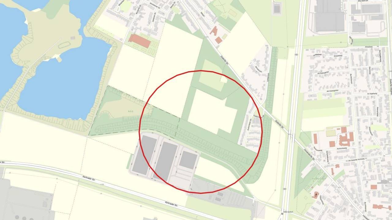 Eine Stadtkarte mit einem roten Kreis.