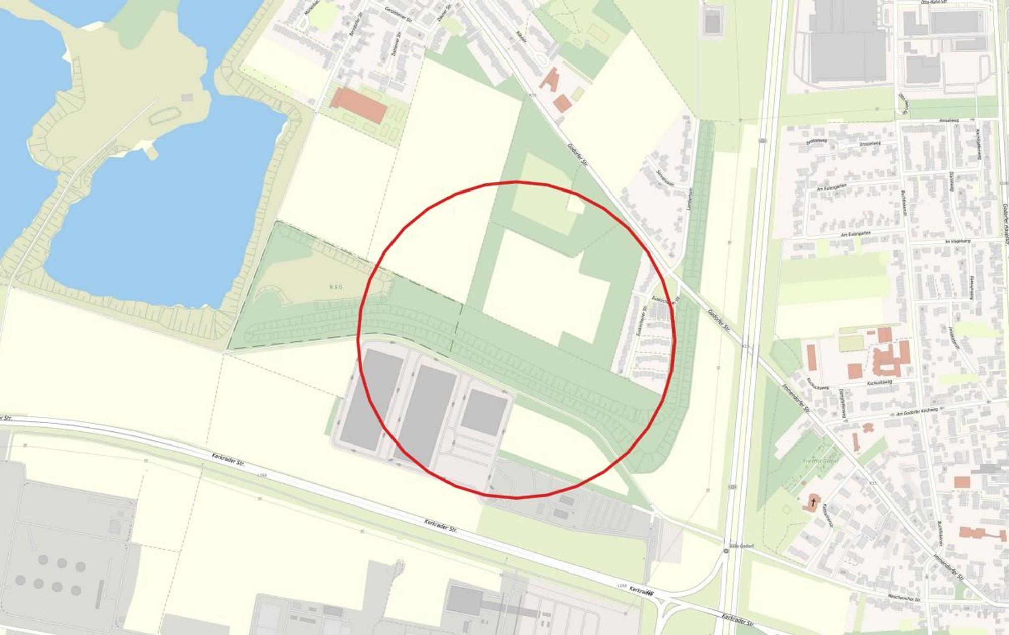 Eine Stadtkarte mit einem roten Kreis.