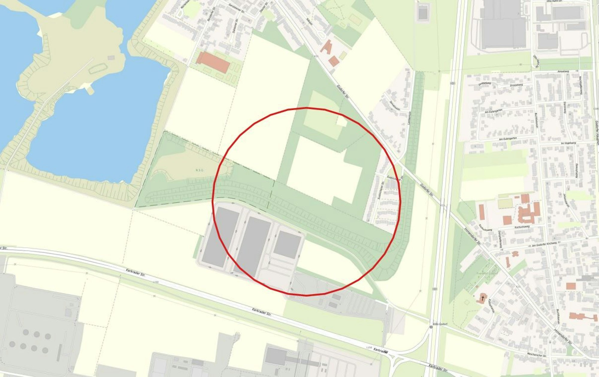 Eine Stadtkarte mit einem roten Kreis.